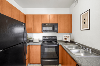 Kitchen with black fridge